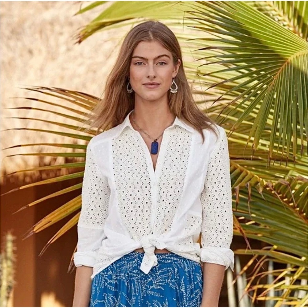 Sundance Womens White Cotton Eyelet Lace Swiss Dot Patchwork Button‎ Shirt XS